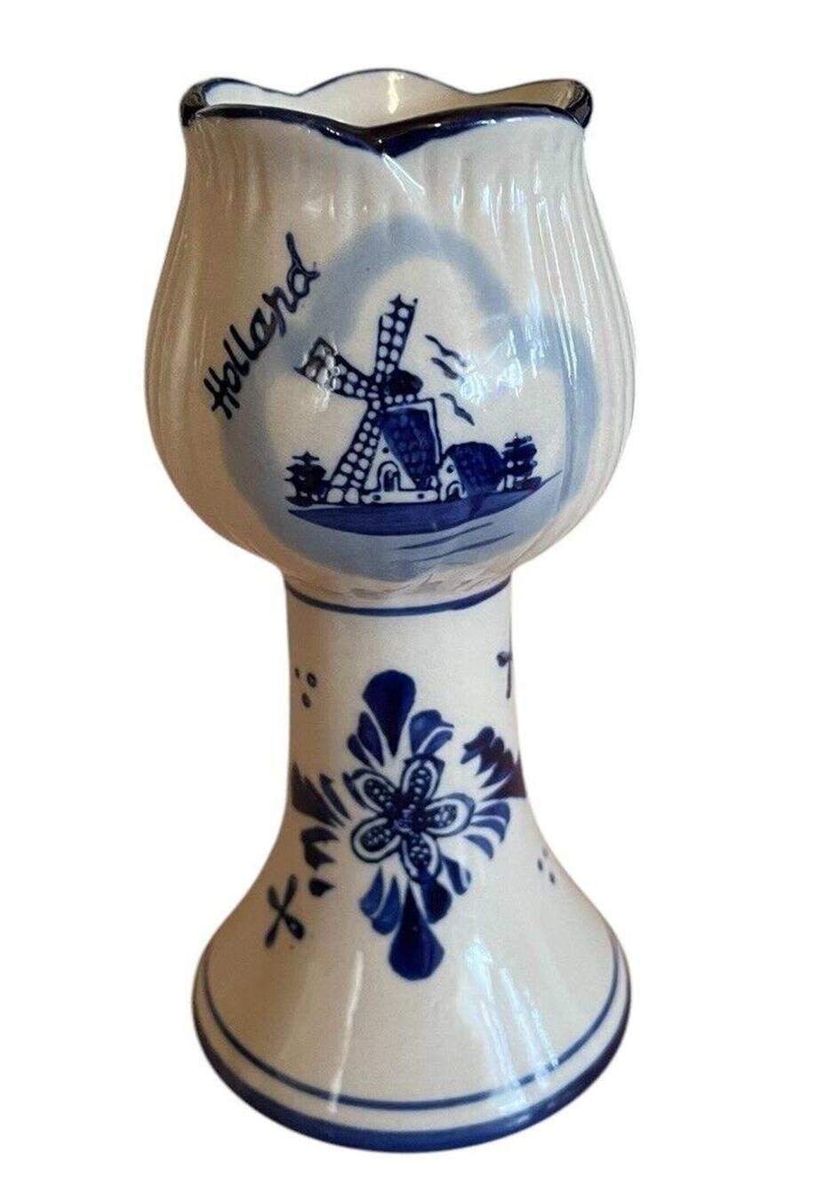 VTG. Delft Blue White Holland Hand-painted Tulip Taper Candle Holder Collectable